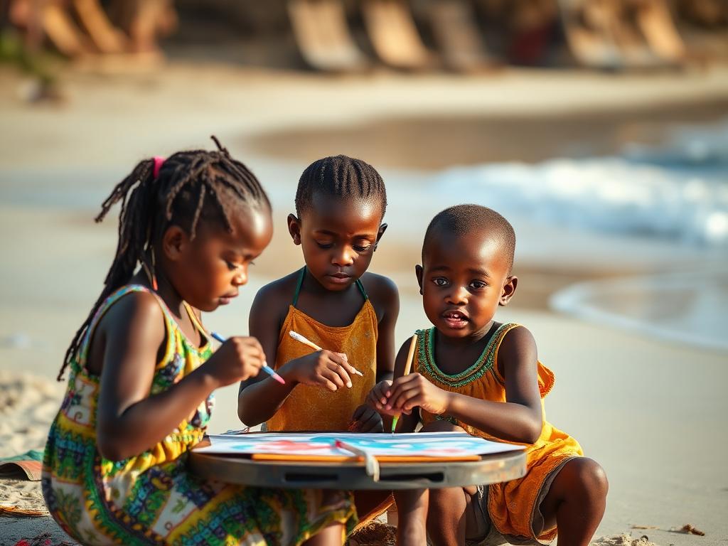 Children in a creative art workshop on the beach
