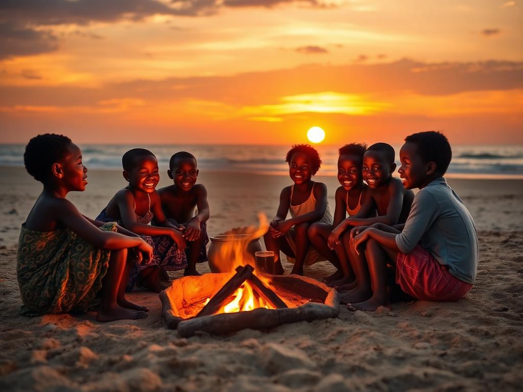 Children sitting around a campfire on a beach at sunset