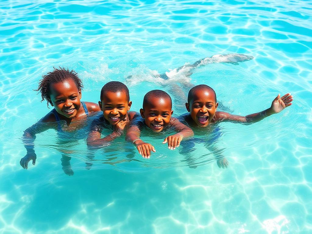 Children swimming in clear turquoise water in Zanzibar