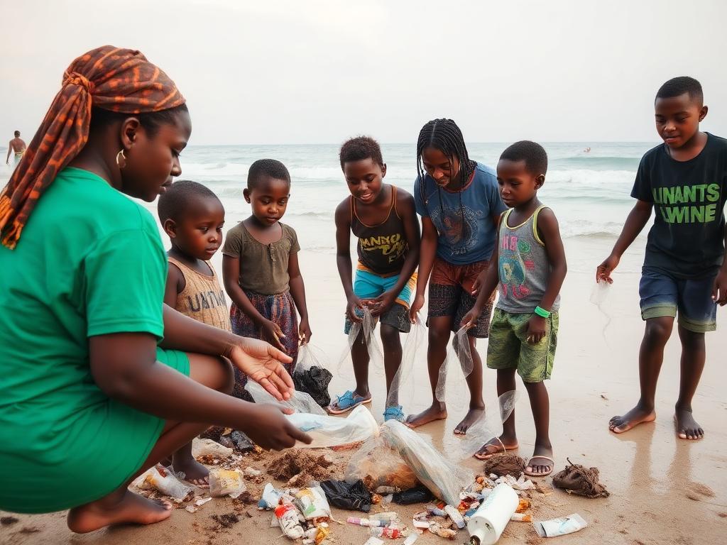Mentors and children cleaning plastic from a Zanzibar beach